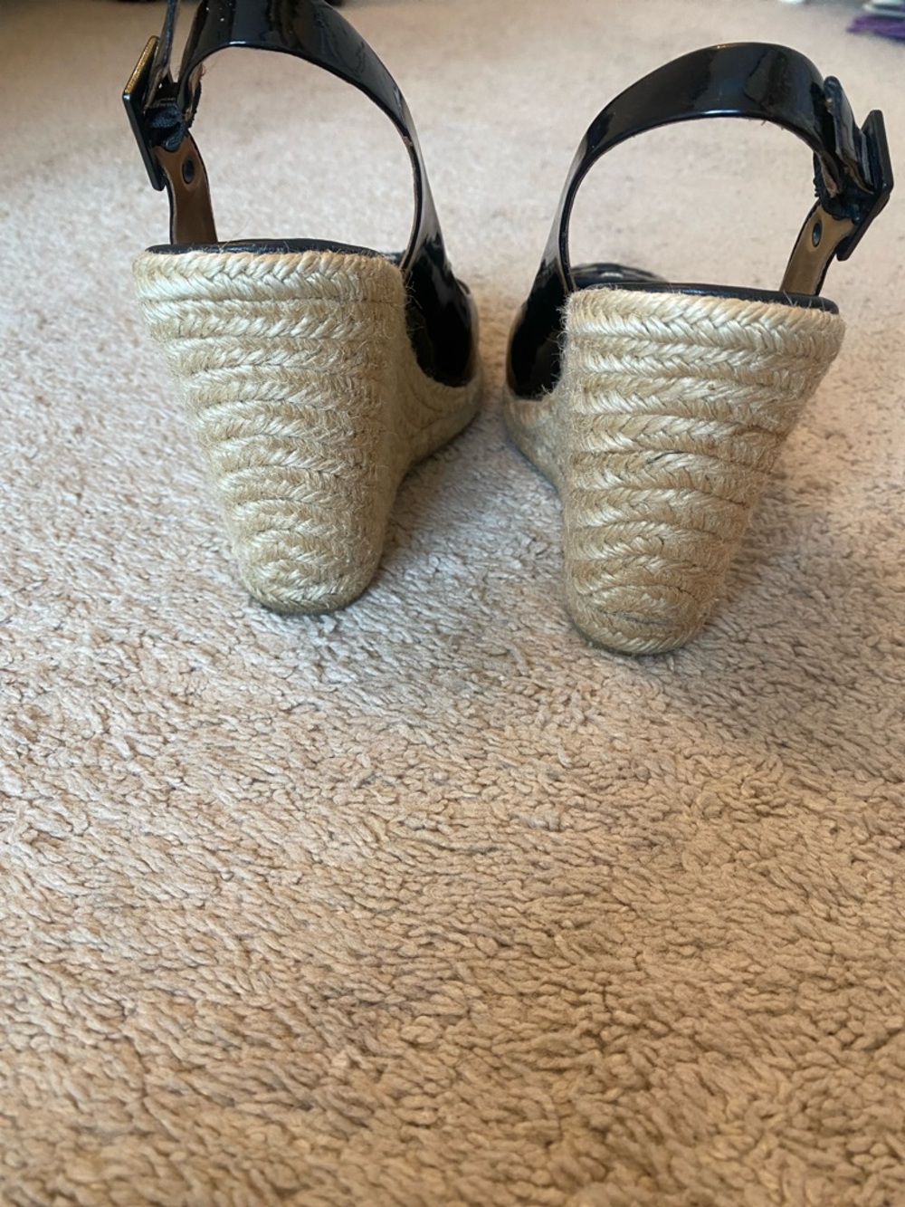 Tory Burch Black Patent Espadrille Wedge Slingback with Logo Toe - Picture 3 of 5